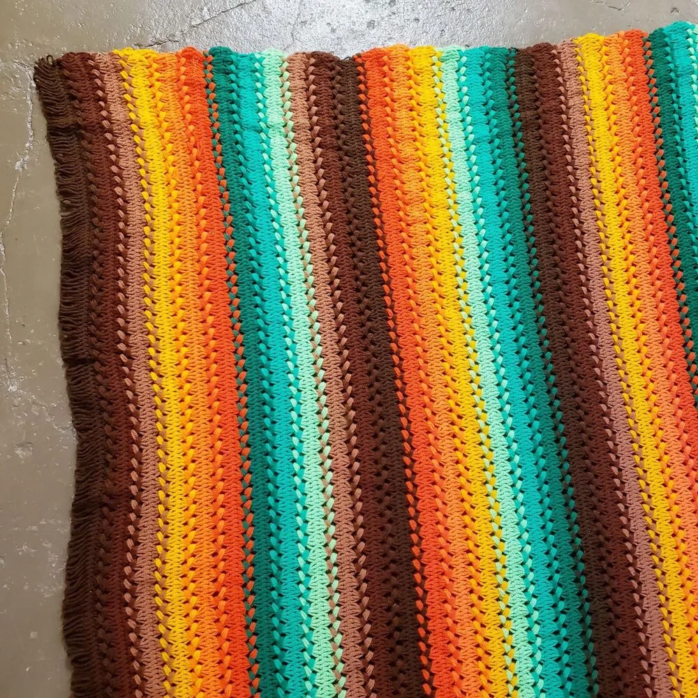 Vintage Afghan Crochet Throw Blanket Brown Green Orange Stripes Fringe MCM